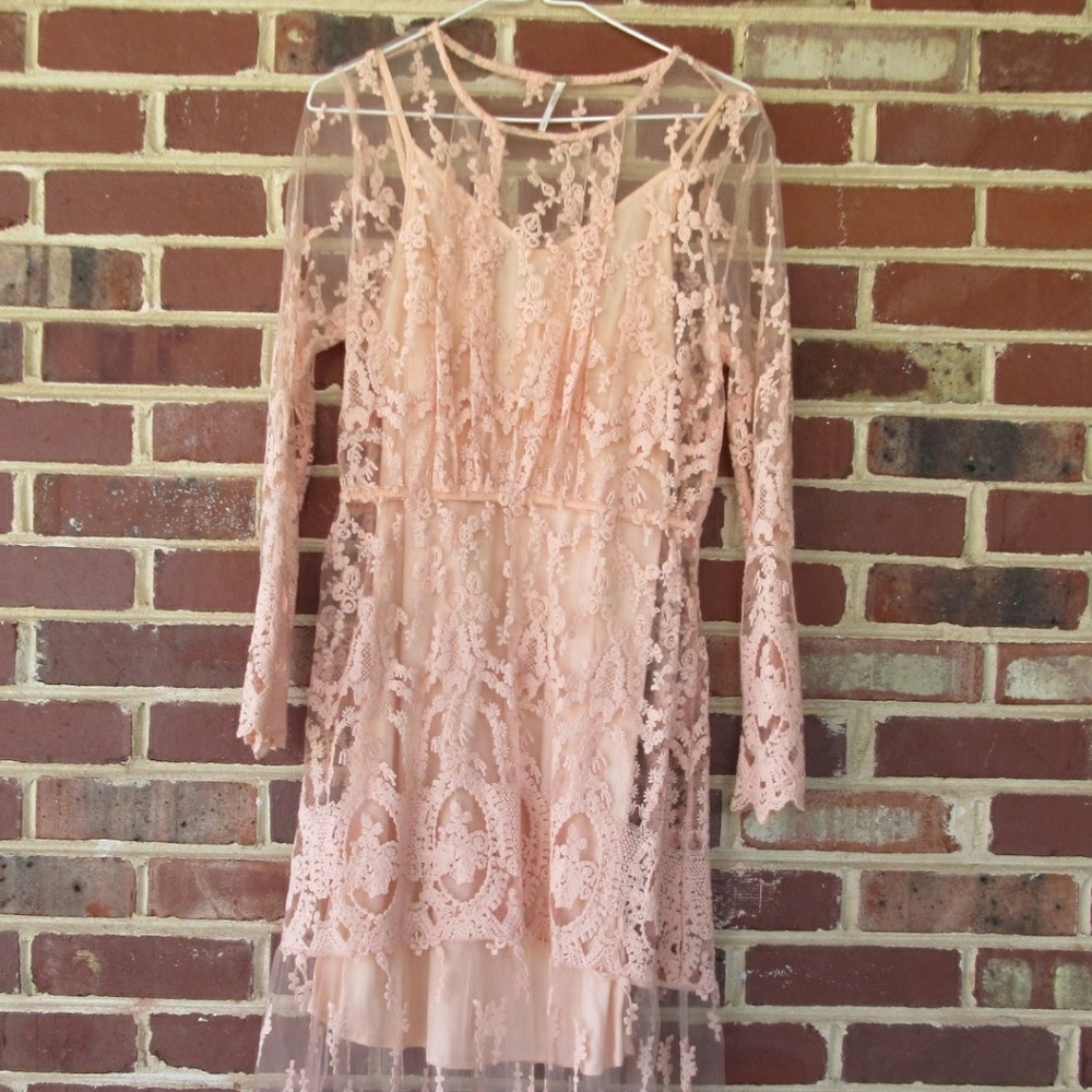 NWOT Free People boho Pink Maxi Lace Dress w/ Slip